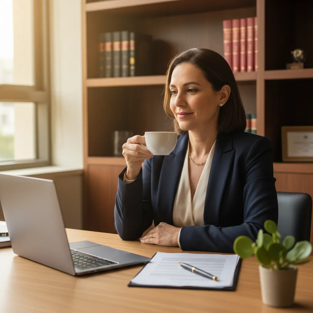 A photorealistic documentary-style portrait of a Brazilian woman lawyer in her early 40s sitting at a clean, modern desk...