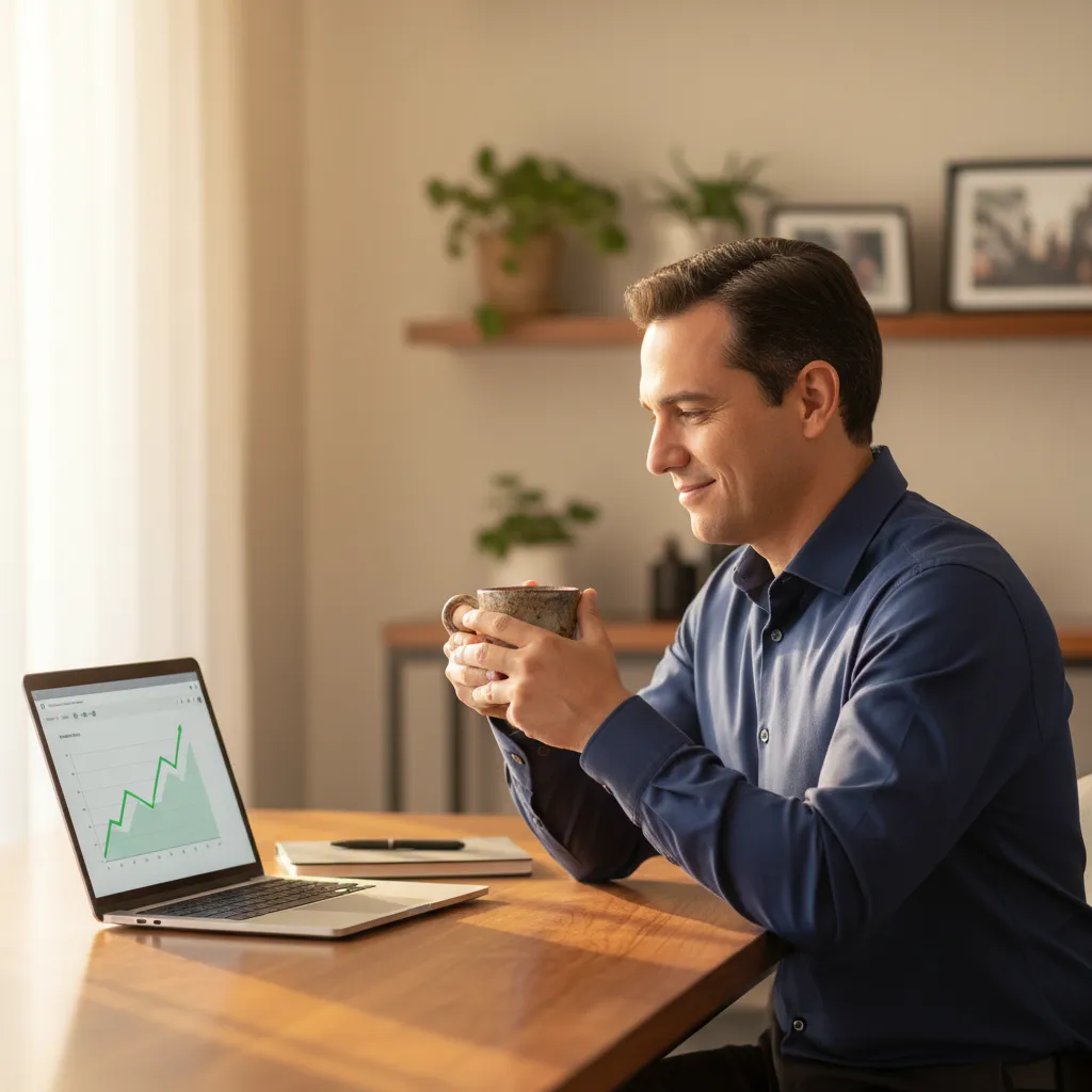 A photorealistic, documentary-style medium shot of a Brazilian man in his early 40s sitting at a clean, minimal desk in a...