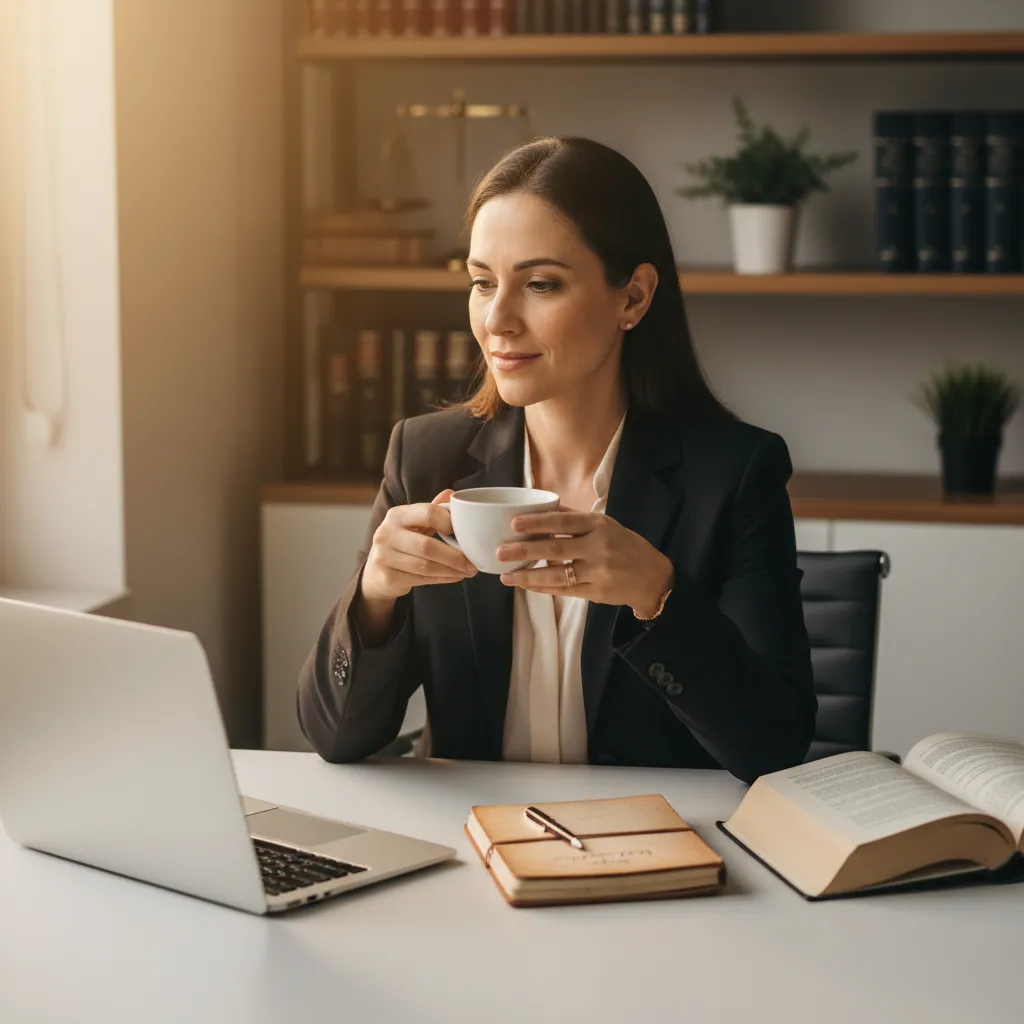 A photorealistic, documentary-style portrait of a Brazilian attorney in her mid-thirties, seated at a clean minimal desk...